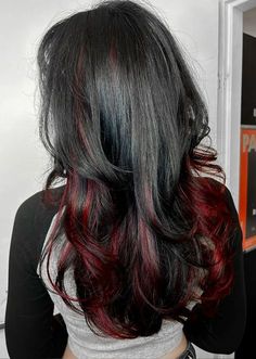 Red Hair Streaks, Black Red Hair, Hair Streaks, Dyed Hair Inspiration