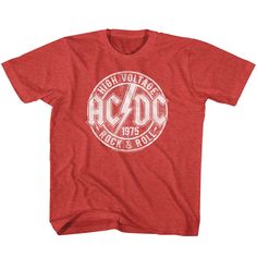 An officially licensed AC DC youth shirt that fits both boys and girls with its traditional silhouette. Made from a comfortable blend of cotton/polyester. The t-shirt features a vintage design that reads High Voltage 1975 Rock and Roll. This shirt makes the perfect gift for fans of the Australian rock and roll band. Size X-Small(5/6), Small (7/8), Medium (10/12), Large (14-16), XL (18/20) Rock Baby Clothes, Ac Dc Rock, Heavy Metal Rock, Vintage Toddler, Rock And Roll Bands, Rock Baby, Rock T Shirts, Rock Roll, High Voltage