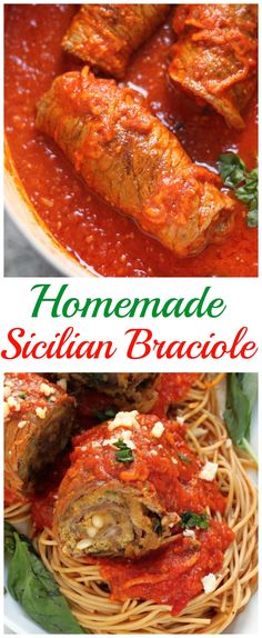 homemade sicilian broccoli recipe with meat in tomato sauce and spinach leaves on the side