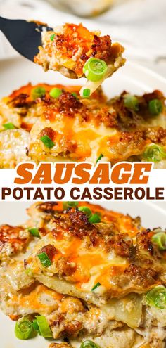 sausage and potato casserole is served on a white plate with a spatula