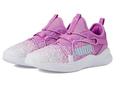 PUMA Rift Slip-On Sprinkle (Little Kid/Big Kid) - Shoes : Electric Orchid/Light Aqua : Go for a sassy look wearing the PUMA Rift Slip-On Sprinkle sneakers. Textile and synthetic upper. Textile lining. Removable textile insole. Cushioned SoftFoam footbed for optimal comfort. Slip-on style. Round toe design. Webbing pull loops at heel and tongue. Eye-catching lace detailing and sprinkle pattern. Embroidered PUMA Cat logo at lateral toe. Synthetic outsole. Imported. Measurements: Weight: 4 oz Produ Pink Synthetic Running Shoes For Light Exercise, Spring Training Sneakers With Synthetic Material, Purple Synthetic Sneakers For Light Exercise, Synthetic Running Shoes With Elastic Laces For Light Exercise, Casual Purple Running Shoes For Light Exercise, Purple Round Toe Sneakers For Light Exercise, Synthetic Non-slip Running Shoes For Light Exercise, Non-slip Synthetic Running Shoes For Light Exercise, Purple Synthetic Running Shoes With Rubber Sole