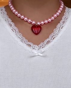 Super Glazed and Super glossy! This is our take on the classic pearl necklace -- choose between pink or elegant white glass pearls, and a cherry red heart or milky white heart charm! Both equally juicy, of course. Pink pearl option measures at around 15" long with extender, and white pearl option available in both 15" and 17" long with extender. Charm Necklace Diy, Diy Choker, Classic Pearl Necklace, Pink Choker, Lucky Charm Necklace, Bling Earrings, Baby Pearls, Initial Earrings, Girly Gifts