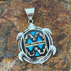 David Rosales Turquoise Creek Fancy Inlaid Sterling Silver Pendant Turtle Contemporary Southwest, Southwest Jewelry, Turtle Pendant, Kingman Turquoise, Picture Jasper, Sterling Silver Pendants, Jewelry Design, Turquoise, Sterling Silver