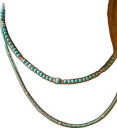 Beaded Turquoise Necklace For Beach, Bohemian Turquoise Necklaces With Tiny Beads, Beaded Turquoise Necklace With Round Beads For The Beach, Turquoise Necklace With Spacer Beads For Beach, Festival Turquoise Beaded Chain Necklace, Turquoise Necklace With Tiny Beads For Beach, Turquoise Beach Necklace With Tiny Beads, Turquoise Beach Necklace With Small Round Beads, Turquoise Beach Necklace With Round Spacer Beads