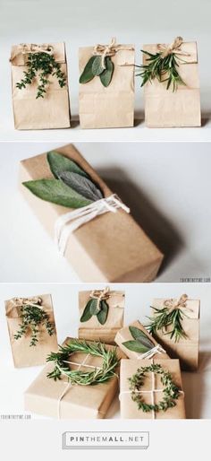 some wrapped presents with green leaves on them