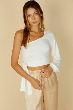 Casey Ivory One Shoulder Side-Tie Crop Top -  BohoPink Tie Top Outfit, One Shoulder Long Sleeve Top, Shoulder Tie Top, Long Skirt Top Designs, Long Skirt And Top, Boutique Boho, Shoulder Off, Boho Pink, Boho Boutique