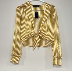 Yellow And White Striped Tie Up Collared Blouse. Material Is Silk. Size Medium. New With Tags Capsule Style, Tie Up Blouse, Business Casual Blouse, Stand Collar Blouse, Twist Front Crop Top, Sheer Long Sleeve Top, White Short Sleeve Blouse, Lace Blouse Long Sleeve, Collared Blouse