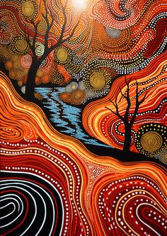 an artistic painting with swirls and trees