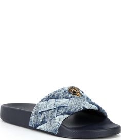 From Kurt Geiger London&#x2C; the Meena Eagle Ornament Quilted Denim Pool Slides feature:Denim fabric upperEagle head ornamentSlip-on stylingFabric liningSynthetic outsoleImported. Kurt Geiger Slides, Kurt Geiger Shoes Outfit, Denim Slides, Pretty Sandals, Flat Mules, Slides Sandals, Fresh Shoes, Shoe Inspo, Kurt Geiger