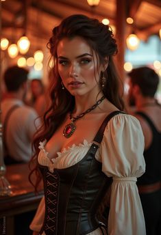 a beautiful woman in a corset standing next to a bar with lights behind her