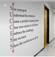 a wall with some writing on it and a door in the background that says, see your goal understand the obstacles create a positive