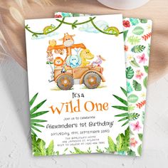 an animal themed birthday party card with the words, it's a wild one