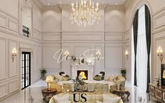 an elegant living room with chandelier and fireplace