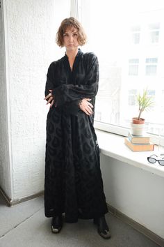 Vintage Black Textured Maxi Kaftan/night Gown - Etsy Canada Black Long Maxi Dress For Loungewear, Black Maxi Dress For Loungewear, Black Oversized Long Abaya, Oversized Black Long Abaya, Elegant Black Maxi Dress For Loungewear, Black Maxi Dress For Night, Black V-neck Kaftan For Loungewear, Black V-neck Kaftan For Evening, Black V-neck Maxi Dress For Night