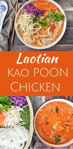 Kao Poon is a Laotian Red Curry Noodle Soup. The broth is spicy and flavorful and it's served with vermicelli rice noodles and lots of vegetables. Asian Recipes Noodles, Asian Receipe, Laotian Food, Vermicelli Rice Noodles, Vermicelli Rice, Curry Noodle Soup