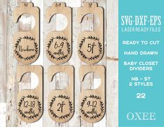 "Baby Closet Dividers SVG bundle by Oxee, newborn closet svg, toddler closet dividers svg, Cut Files Cricut, glowforge svg ABOUT THE PROJECT 22 designs from NB to 5T: 11 dividers without top plate 11 dividers with top plate All my designs are hand drawn This listing is for digital file, no physical item will be sent. Instant download - once payment is made. YOU WILL GET  1 ZIP file with 2 SVG - 2 DXF - 2 EPS files with 11 designs per page each you will be able to re-size all proportionally. All dimensions are checked on a laser machine, corrected and saved in the zip file. *Recommend cutting these with 1/8\" materials (3 mm thick).  Settings are dependent on your particular machine and the type of material you use. I do not offer settings or instructions for your machine or program. You ne Newborn Closet, Toddler Closet, Baby Closet Dividers, Closet Dividers, Baby Closet, Baby Projects, Laser Machine, Zip File, Baby Gifts