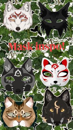 four masks with different designs on them and the words mask in red, white, black and