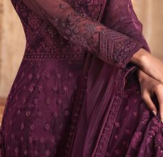 Wine Purple Designer Embroidered Wedding Anarkali Suit-Saira's Boutique Embroidery Stones, Satin Dupatta, Wedding Anarkali, Resham Embroidery, Wine Purple, Butterfly Net, Embroidered Wedding, Anarkali Suit, Purple Fabric