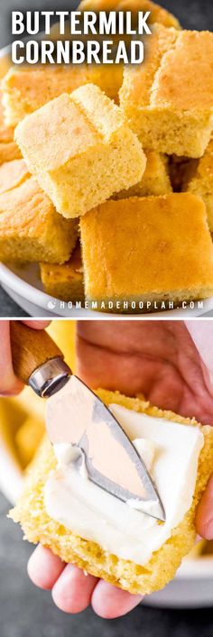 buttermilk cornbread cut in half and being held by someone with a knife