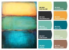 an abstract painting in shades of blue, yellow and green with text overlaying the image