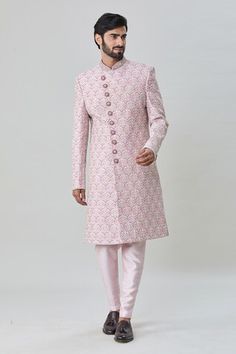 Pink sherwani with all over floral butti embroidery. Paired with churidar - Aza Fashions Designer Churidar With Resham Embroidery For Diwali, Designer Pink Kurta With Resham Embroidery, Pink Fitted Set With Naqshi Detailing, Designer Pink Sherwani, Fitted Pink Sets With Naqshi Detailing, Fitted Naqshi Churidar With Traditional Drape, Designer Pink Bandhgala With Resham Embroidery, Festive Fitted Sherwani With Chikankari Embroidery, Designer Pink Sherwani For Festive Season