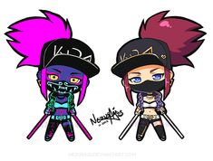 two cartoon characters with different colored hair and makeup, one is wearing a black hat