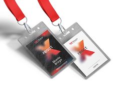 two id cards with red lanyards attached to each other on a white background