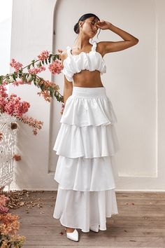 Shop the Sozo Layered Maxi Skirt Ivory | Selfie Leslie Multi Layer Skirt, Grad Fits, Ruffled Maxi Skirt, Layered Maxi Skirt, Pink Dress Shoes, Wedding Moodboard, Ruffle Maxi Skirt, Selfie Leslie, Bubble Style