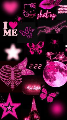 pink and black wallpaper with stars, butterflies, and the words i love me shut up