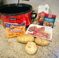 the ingredients for this meal include potatoes, beef and carrots