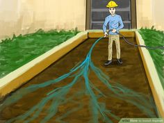 a drawing of a man with a hose in front of a building that has water coming out of it