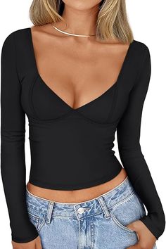 Suit for casual wear, school, holiday, shopping, streetwear, club, party, date, daily life and outgoing. It really fits your figure and makes you feel more confident. Tops Fall Outfits, Jumpsuit Shorts Rompers, Neck Crop Top, Tops Fall, Trendy Tops, Basic Style, Deep V Neck, Long Sleeve Crop Top, Cute Shirts