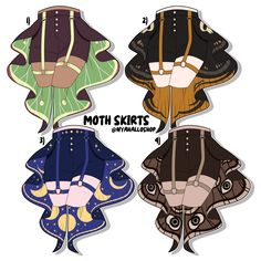 four different types of clothes with the words moth suits on them