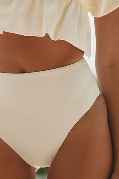 Nylon, elastane Hand wash Imported | Mari High-Waisted Bikini Bottoms by Anthropologie in White, Women's, Size: XS, Nylon/Elastane White Tropical High-waist Swimwear, White High-waisted Beachwear Bottoms, White High-waist Swimwear With Built-in Bra, White Moisture-wicking Beachwear Bottoms, White Stretch Tie-side Bottom Swimwear, Panty Style, 50 Fashion, Anthropologie, High Waist