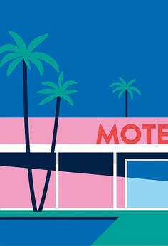 a motel with palm trees and the word motel on it