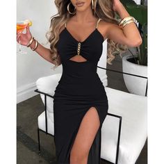 V-Neck Chain Décor High Slit Dress High Split Dress, Split Hem Dress, 파티 드레스, Maxi Robes, Split Dress, Maxi Dress Party, Mermaid Prom Dresses, Solid Dress, Summer Dresses For Women