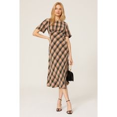 Brown and black plaid printed cupro (100% Cupro). Hourglass. Short sleeves. Crew neckline. Pullover styling. Fully lined bodice. 46" from shoulder to hemline. Imported. Elegant Plaid Midi-length Dress, Fitted Midi Length Plaid Dress, Elegant Plaid Midi Dress, Fitted Plaid Midi Dress, Chic Plaid Midi Dress For Work, Chic Plaid Midi Dress For Fall, Chic Midi-length Plaid Dress For Fall, Chic Plaid Midi Dress, Elegant Gingham Plaid Midi Dress