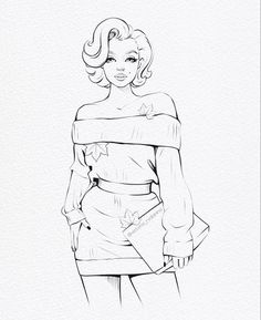 a black and white drawing of a woman in a dress with her hand on her hip