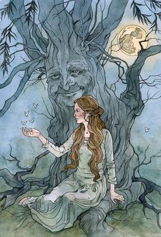 a woman sitting in front of a tree with her hands out to the moon,