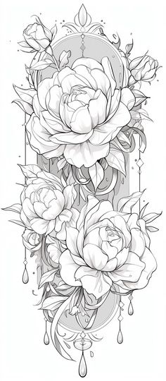 a drawing of flowers and leaves with drops on the bottom half of the image, in black and white