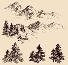 hand drawn landscape with mountains and trees