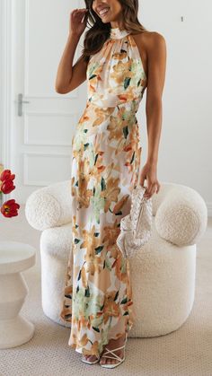 Toperth Floral Halter Open Back Maxi Dress – Toperth Green Halter Dress, Vacation Maxi Dress, Dress Sleeve Length, Printed Halter Dress, Woman Personality, Warm Dresses, Elegant Pattern, Backless Maxi Dresses, Maxi Robes