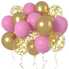 a bunch of balloons with gold confetti and pink ones on them are shown