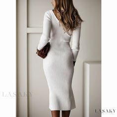 Lasaky - Classic Striped Long Sleeve Midi Dress Elegant Ribbed Midi Dress For Day Out, White Ribbed Bodycon Dress For Fall, White Knee-length Bodycon Dress For Fall, Elegant White Non-stretch Bodycon Dress, White Bodycon Dress For Fall, Elegant Fall Sweater Dress For Day Out, Elegant Ribbed Dress For Day Out, Non-stretch Elegant Winter Midi Dress, White Midi Bodycon Dress For Fall