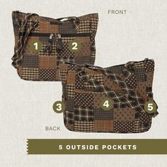 PRIMITIVE COUNTRY PATCHWORK: Chestnut, khaki, dark chocolate, and black plaid are equally at home on your side or atop a worn antique table.SIZED JUST RIGHT: At 12" wide, 11” high, and 4" deep, the Everyday is a medium tote bag with plenty of room. The straps measure 26.5" long, with an 11" shoulder drop.10 DIFFERENT POCKETS: This bag holds everything! Inside its zippered main compartment you’ll find 5 slip pockets to keep you organized. 3 outside slip pockets and 2 zip pockets give you easy acc New Milford Connecticut, Americana Fashion, Medium Tote, Diamond Quilt, Black Plaid, Country Primitive, Chestnut, Zip Pockets, Plaid