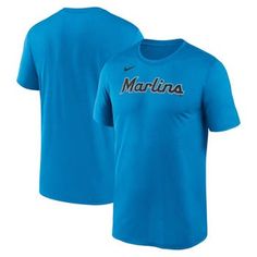 Take any Miami Marlins look to new heights with this New Legend T-shirt. It features a bold team wordmark across the chest and a classic crew neck design for all-day comfort. Step out in striking Miami Marlins style with this Nike shirt. Brand: Nike Dri-FIT technology wicks away moisture Machine wash, tumble dry low Move To Zero is Nike's journey toward zero carbon and zero waste to help protect the future of sport. Apparel labeled sustainable materials is made with at least 55% recycled content Nike Blue T-shirt For Sports Events, Sports T-shirt With Lettering And Short Sleeves, Sporty Blue T-shirt With Lettering, Nike Blue Tops For Fan Merchandise, Sports Event Lettering T-shirt With Short Sleeves, Blue Graphic Tee With Lettering, Nike Blue Fan Apparel Tops, Blue Nike T-shirt With Logo Print, Nike Blue T-shirt With Logo Print