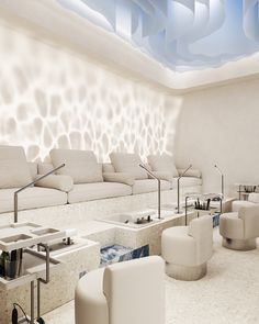 an artistic rendering of a living room with white furniture and blue lighting on the ceiling