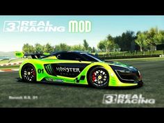 an image of a green car in the middle of a race track with words real racing mod