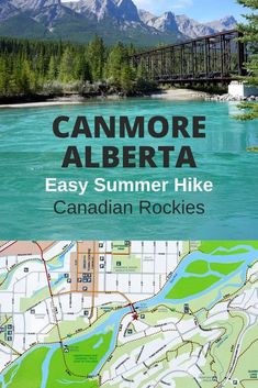 a map with the words canmore alberta and an image of a mountain range