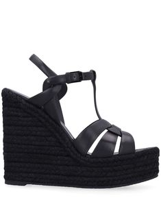 black leather open toe 140mm braided raffia wedge heel buckle-fastening ankle strap branded insole Ysl Wedges Sandals, Black Wedge Sandals, Saint Laurent Shoes, Iconic Bags, Boots Fall, Flat Boots, Pump Sandals, Ballet Flat Shoes, Top Shoes